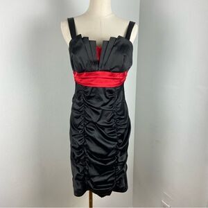 Y2K Red & Black Satin Ruched Bodycon Party Dress Sz 13 Vtg Vamp Glam‎ Coquette
